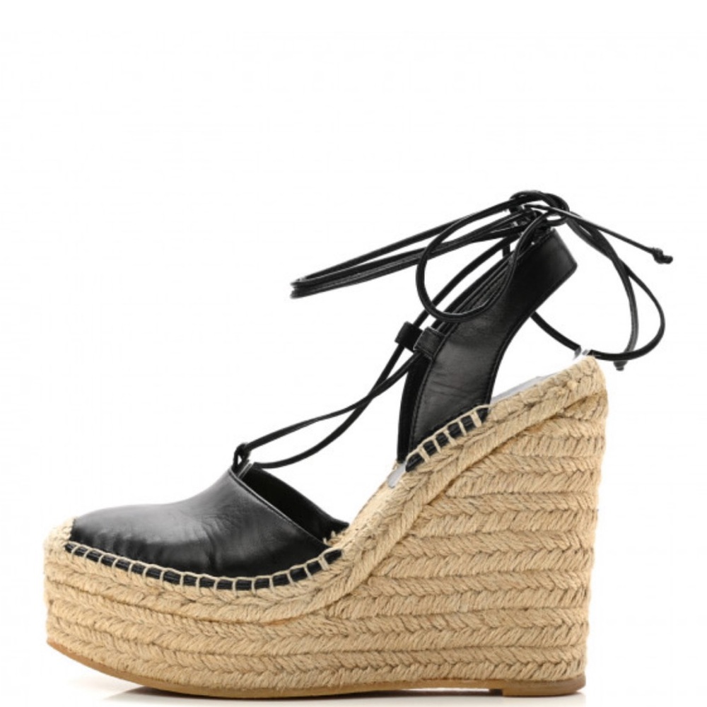 Saint Laurent Black and Tan Wedge Espadrilles